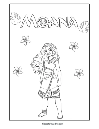 Coloring Page Of Princess Moana In Polynesian Clothing With Plumeria Flowers And Tropical Details.