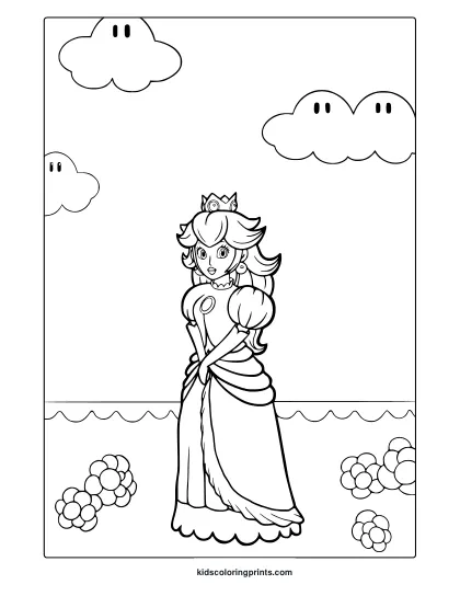Coloring Page With Princess Peach In A Formal Dress, Surrounded By Flowers And Cheerful Clouds.