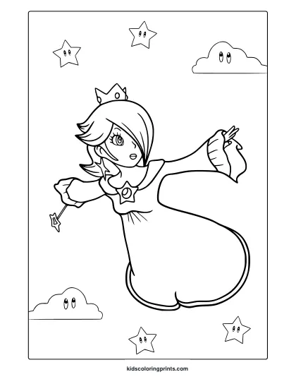 Coloring Page With Princess Rosalina In Motion Holding A Wand, Surrounded By Stars And Floating Clouds.
