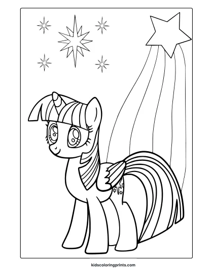 Coloring Page Of Princess Twilight Sparkle With A Shooting Star And Bold Outlines In My Little Pony Style.