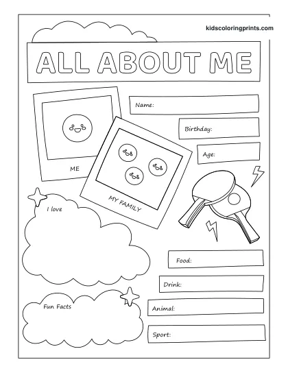 Fun Printable All About Me Worksheet With Drawing Areas And Sections For Hobbies And Family.