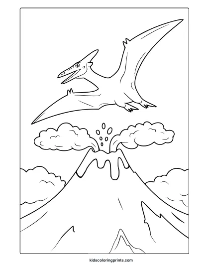 A Pterodactyl Flying Over An Erupting Volcano Features In This Dramatic Dinosaur Coloring Page To Color.