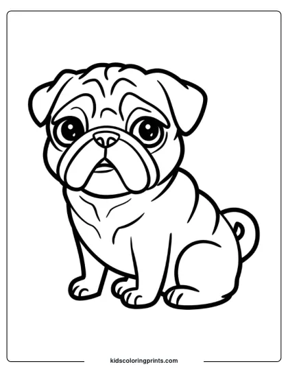 Adorable Pug With Wrinkled Face And Curly Tail Sitting Upright In A Dog Coloring Page.