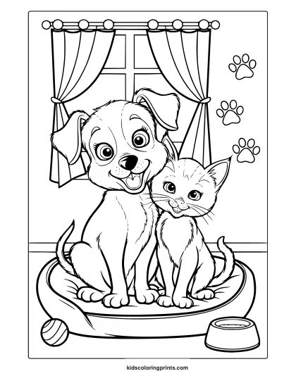 A Puppy And A Kitten Sitting Together With Paw Prints Around. A Cute And Fun Puppy And Kitten Coloring Page To Enjoy.