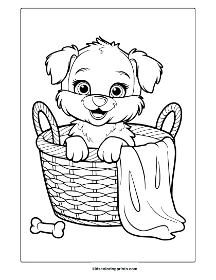 A Cute Puppy Inside A Basket With A Blanket. A Heartwarming Puppy In A Basket Coloring Page To Color.