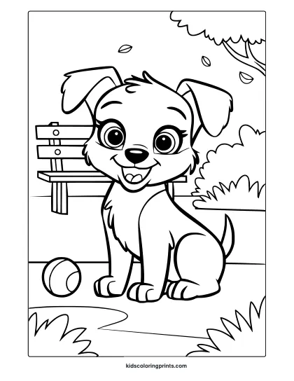 A Playful Puppy In A Park With A Ball And Trees. A Relaxing And Fun Puppy Coloring Page For Nature Lovers.