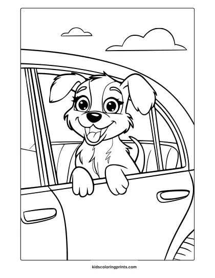 A Puppy Looking Out Of A Car Window. A Fun Road Trip-Themed Puppy Coloring Page For Kids And Adults.