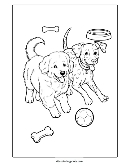 Two Happy Puppies With Toys And A Bowl Indoors. A Cute Puppy Pals Coloring Page For Kids And Dog Lovers.