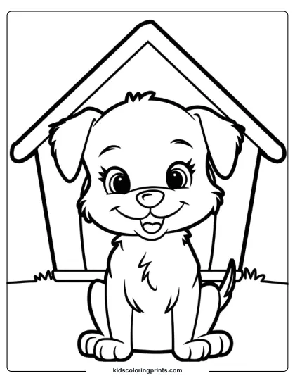 Puppy Sitting In Front Of A Doghouse With Playful Expression In A Dog Coloring Page.