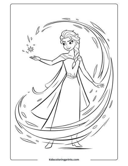 Queen Elsa Casting Ice Magic In This Printable Coloring Page, Showcasing Her Magical Powers And Icy Surroundings.