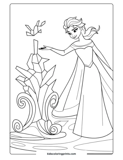 Queen Elsa Creating A Tall Ice Sculpture In This Printable Coloring Page, Highlighting Her Magical Abilities In A Winter Scene.