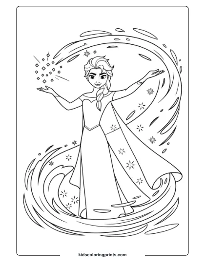 Queen Elsa Creating A Snowstorm In This Printable Coloring Page, Highlighting Her Powers And Winter Magic.