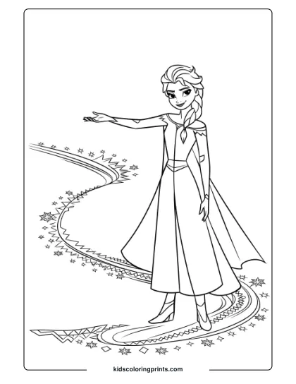 Elsa Creating A Magical Snowy Path In This Printable Coloring Page, Highlighting Her Ice Powers And Grace.