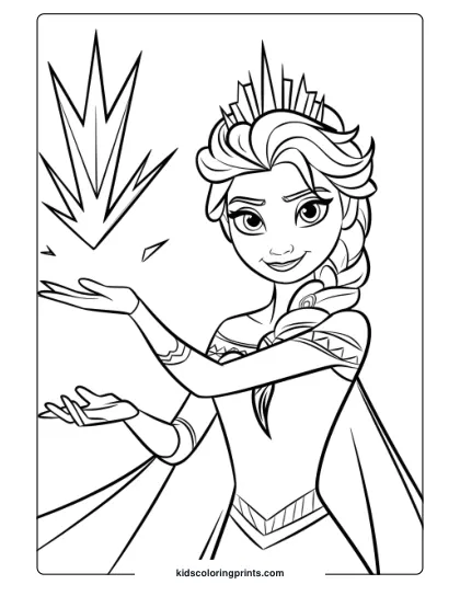 Queen Elsa Using Her Ice Powers To Create A Crystal In This Coloring Page, Emphasizing Her Magical Abilities And Snowy Environment.