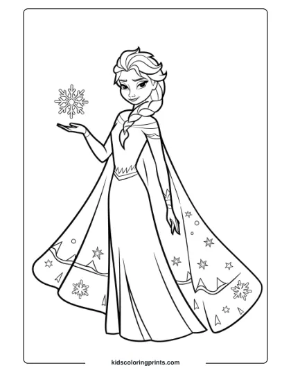 Elsa Holding A Snowflake In This Printable Coloring Page, Showcasing Her Magical Ice Powers And Grace.