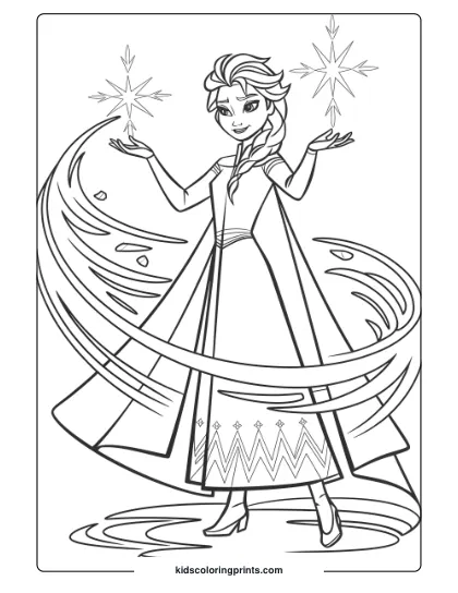 Queen Elsa Holding Her Hands Out While Creating Magic In This Printable Coloring Page, Highlighting Her Ice Powers.