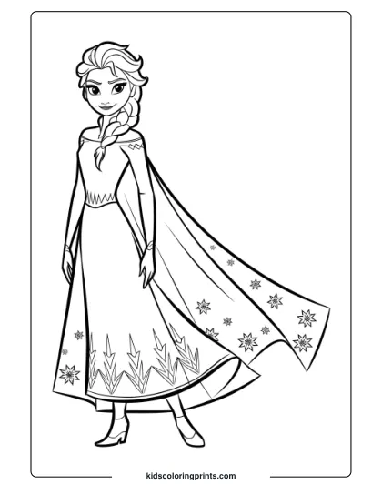 Elsa Smiling While Wearing Her Ice Cape In This Printable Coloring Page, Highlighting Her Regal And Magical Presence.