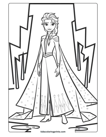Elsa Standing In Her Ice Kingdom In This Printable Coloring Page, Showcasing Her Royal And Icy Surroundings.