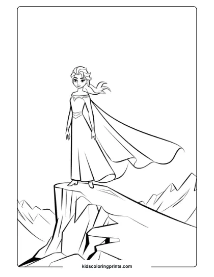 Elsa Standing On A Snowy Mountain Top In This Printable Coloring Page, Capturing Her Strength And Icy Surroundings.