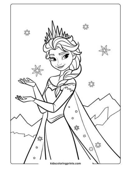 Queen Elsa Wearing Her Stunning Ice Crown In This Printable Coloring Page, Showcasing Her Royal Status And Icy Beauty.