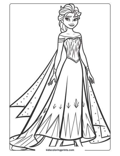Queen Elsa Wearing Her Stunning Ice Gown In This Printable Coloring Page, Highlighting Her Royal And Magical Presence.