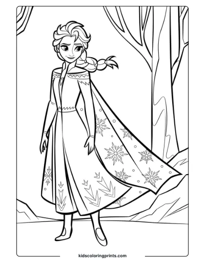 Elsa Wearing Her Beautiful Winter Cloak In This Printable Coloring Page, Highlighting Her Regal And Icy Presence.