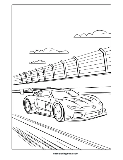 A Modern Race Car With A Spoiler And Alloy Wheels On A Racetrack, A Thrilling Race Car Coloring Page.