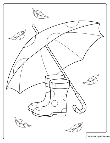 Autumn Coloring Page Showing An Umbrella And Rain Boots With Falling Leaves.