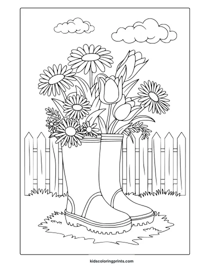 Spring-Themed Coloring Page With Rain Boots Filled With Wildflowers, Creating A Charming And Relaxing Coloring Experience.