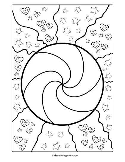 Rainbow Circle Coloring Page With Spiral Pattern, Stars, And Heart Shapes.