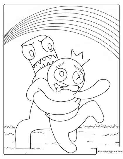 Rainbow Friends Coloring Page With Green Grabbing Blue From Behind While Blue Runs Under A Rainbow.