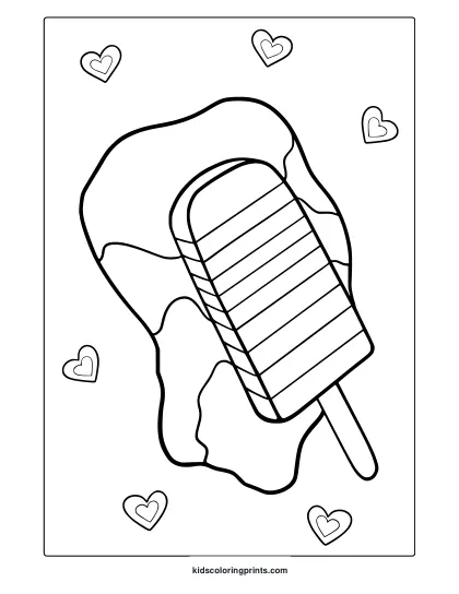 Rainbow Ice Cream Coloring Page With Melting Popsicle And Floating Hearts.