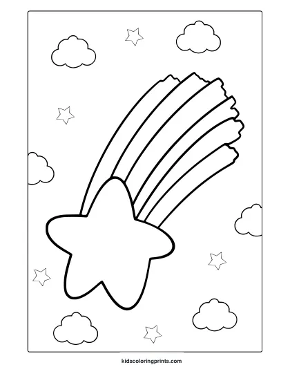 Rainbow Shooting Star Coloring Page With Clouds And Scattered Stars.