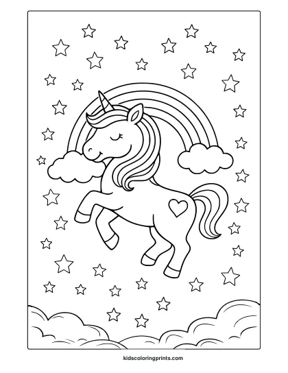 Rainbow Unicorn Leaping With Heart Symbol Under Stars And Clouds In A Magical Coloring Page.