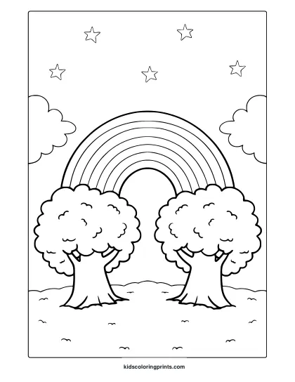 Rainbow Coloring Page With Trees, Clouds, And Stars In A Peaceful Landscape.