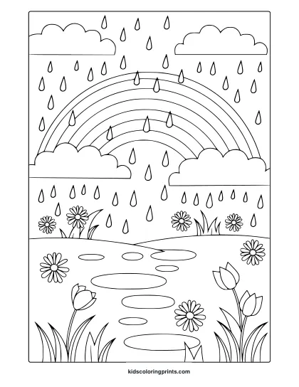 Spring Coloring Page With A Rainbow, Rain Clouds, And Blooming Flowers By The Water, Perfect For A Creative Coloring Session.