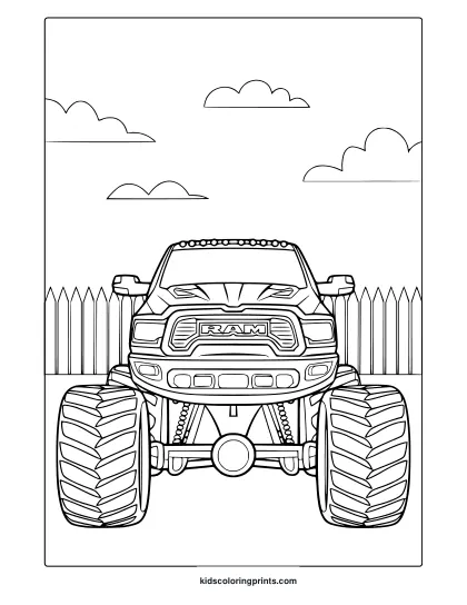 Ram Monster Truck With Rugged Wheels Parked Outdoors, Strong And Powerful Design On A Coloring Page.