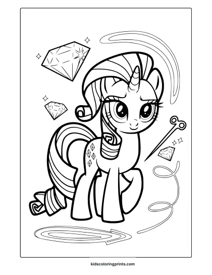 Rarity Coloring Page With Diamonds, A Horn, And A Gradient Mane.