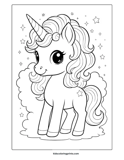 Realistic Baby Unicorn With Stars And Curls Standing On A Cloud In A Magical Coloring Page.