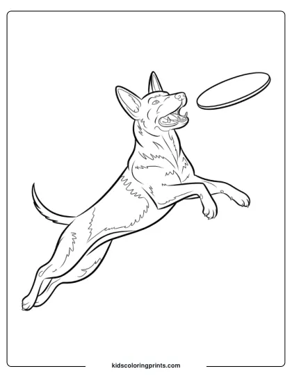 German Shepherd Mid-Air Catching A Frisbee With Excitement In A Realistic Dog Coloring Page.