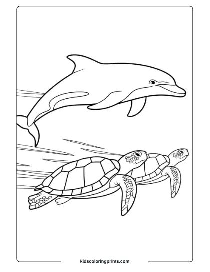 A Realistic Dolphin Swimming With Sea Turtles, A Vibrant Coloring Page Scene.