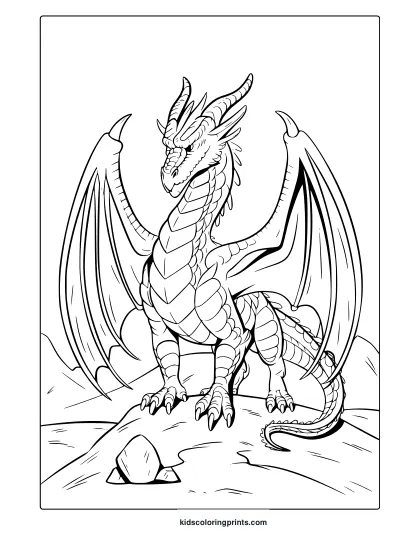 A Realistic Dragon Coloring Page With A Detailed Dragon Resting On Rocks, Showcasing Intricate Scales And Sharp Horns.