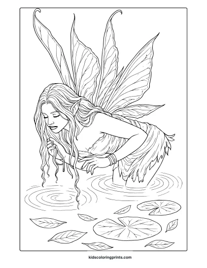 Realistic Fairy Coloring Page Bending Over Water With Detailed Wings And Dress.