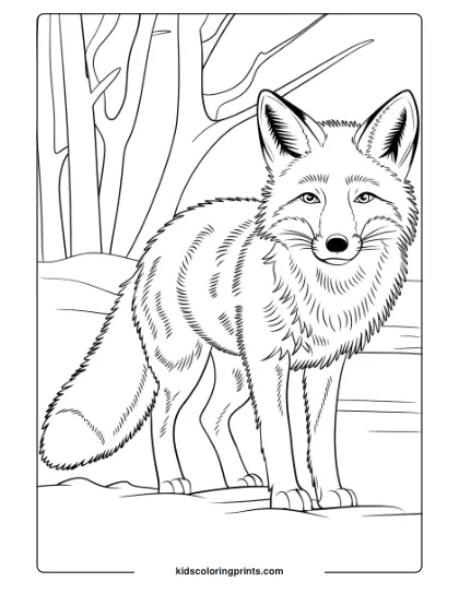 Fox Coloring Page Of A Realistic Fox In A Serene Snowy Forest, Standing Attentively Among Bare Trees In A Winter Setting.
