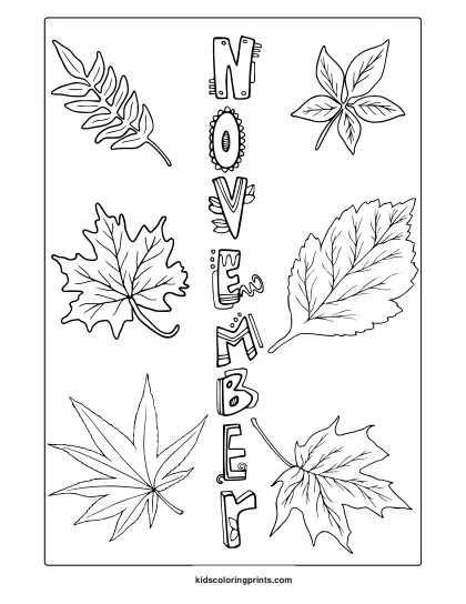 Realistic November Leaves Coloring Page With Fern, Maple, And Cannabis-Style Leaves Around Vertical Text.