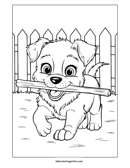 A Realistic Puppy With A Stick Near A Wooden Fence. A Detailed And Engaging Puppy Coloring Page For All Ages.