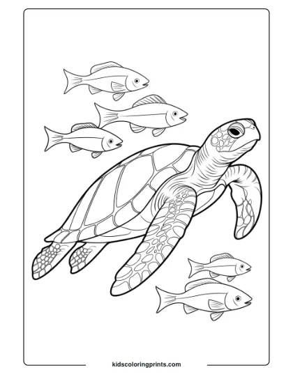 Detailed Sea Turtle Coloring Page With A Turtle Swimming Alongside Fish, Emphasizing Ocean Life.