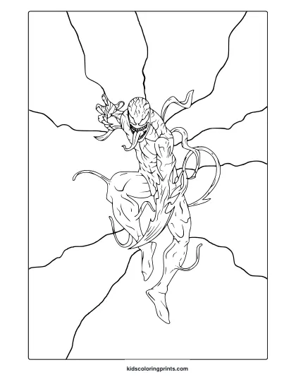 Red Venom Coloring Page With Dramatic Tentacle Motion And Energetic Jumping Pose For Creative Coloring Fun.