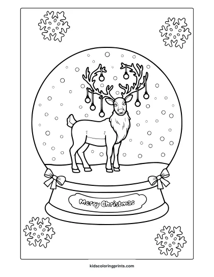 Reindeer Snow Globe Coloring Page With Antlers, Ornaments, And Decorative Snowflakes.