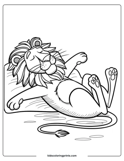 A Relaxed Lion Stretching And Enjoying The Warmth, Creating A Peaceful Lion Coloring Page For Children.